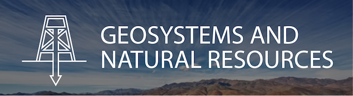 A blue sky with moutains in the horizon with the title "Geosystems and natural resources" in the foreground.